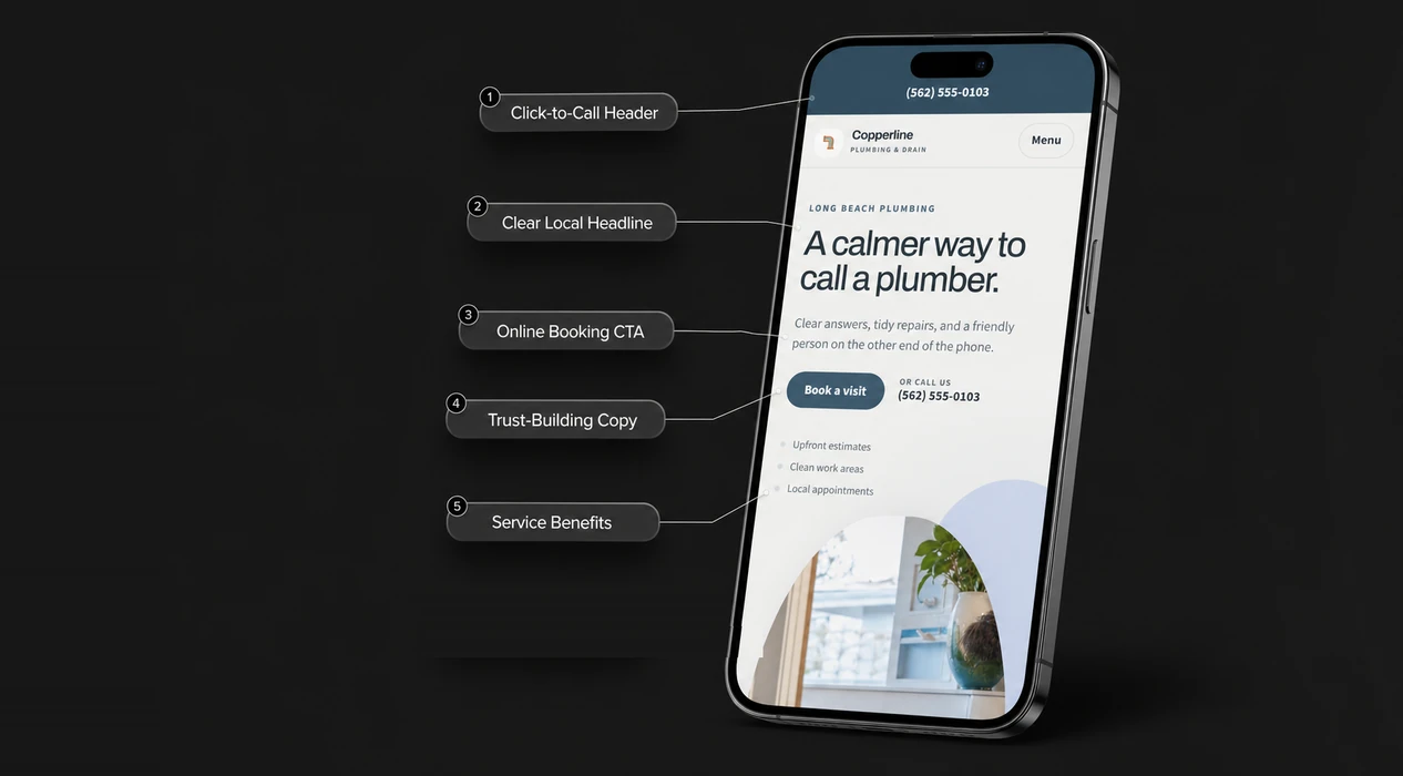 A plumbing site on a phone with its mobile features called out
