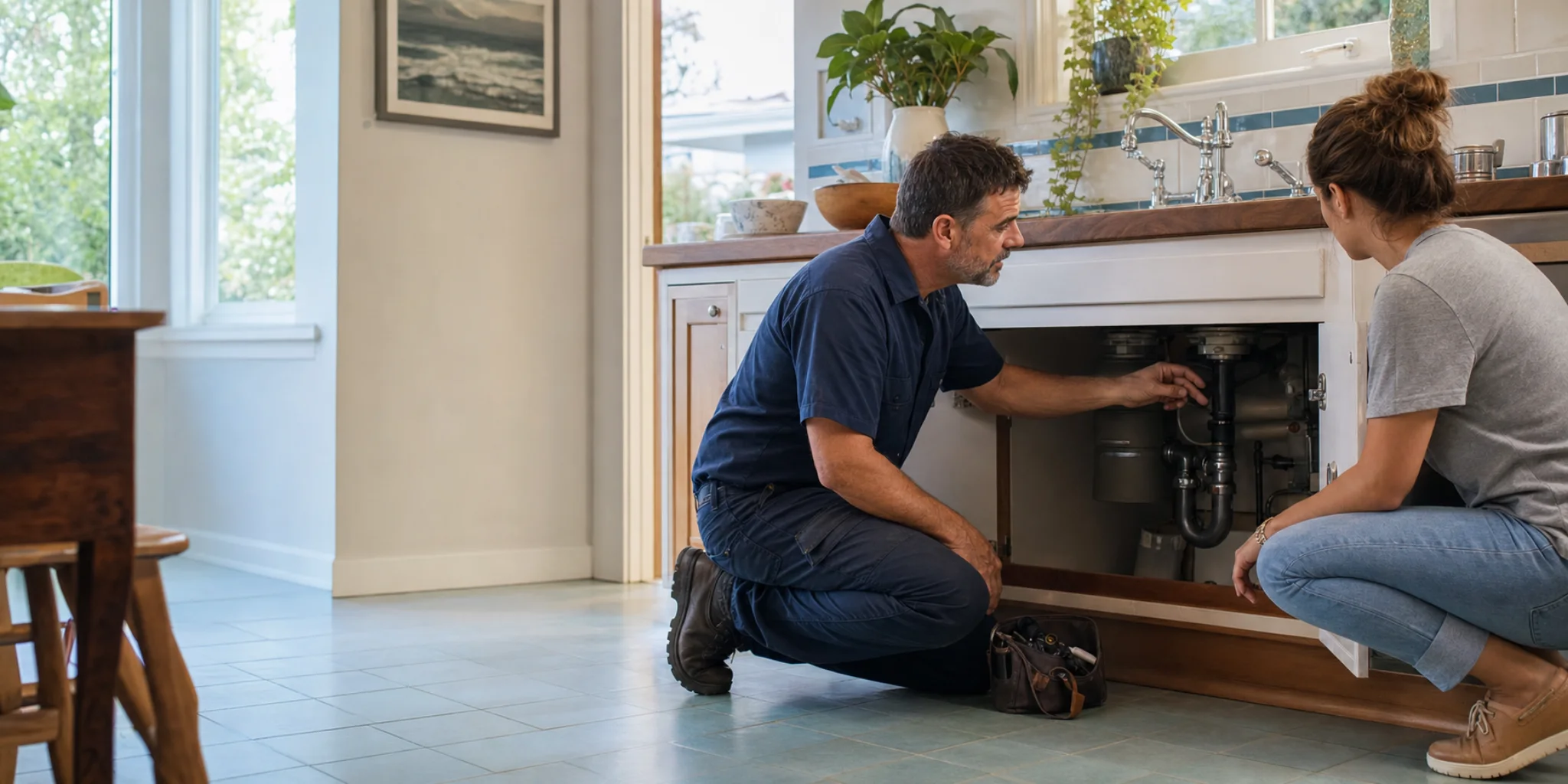 Copperline plumber speaking with a homeowner in a bright kitchen