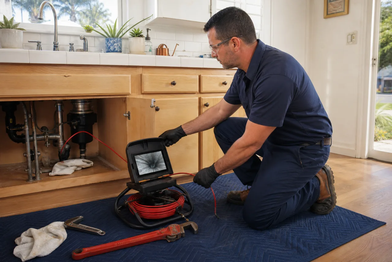 Plumber inspecting a kitchen drain with a camera