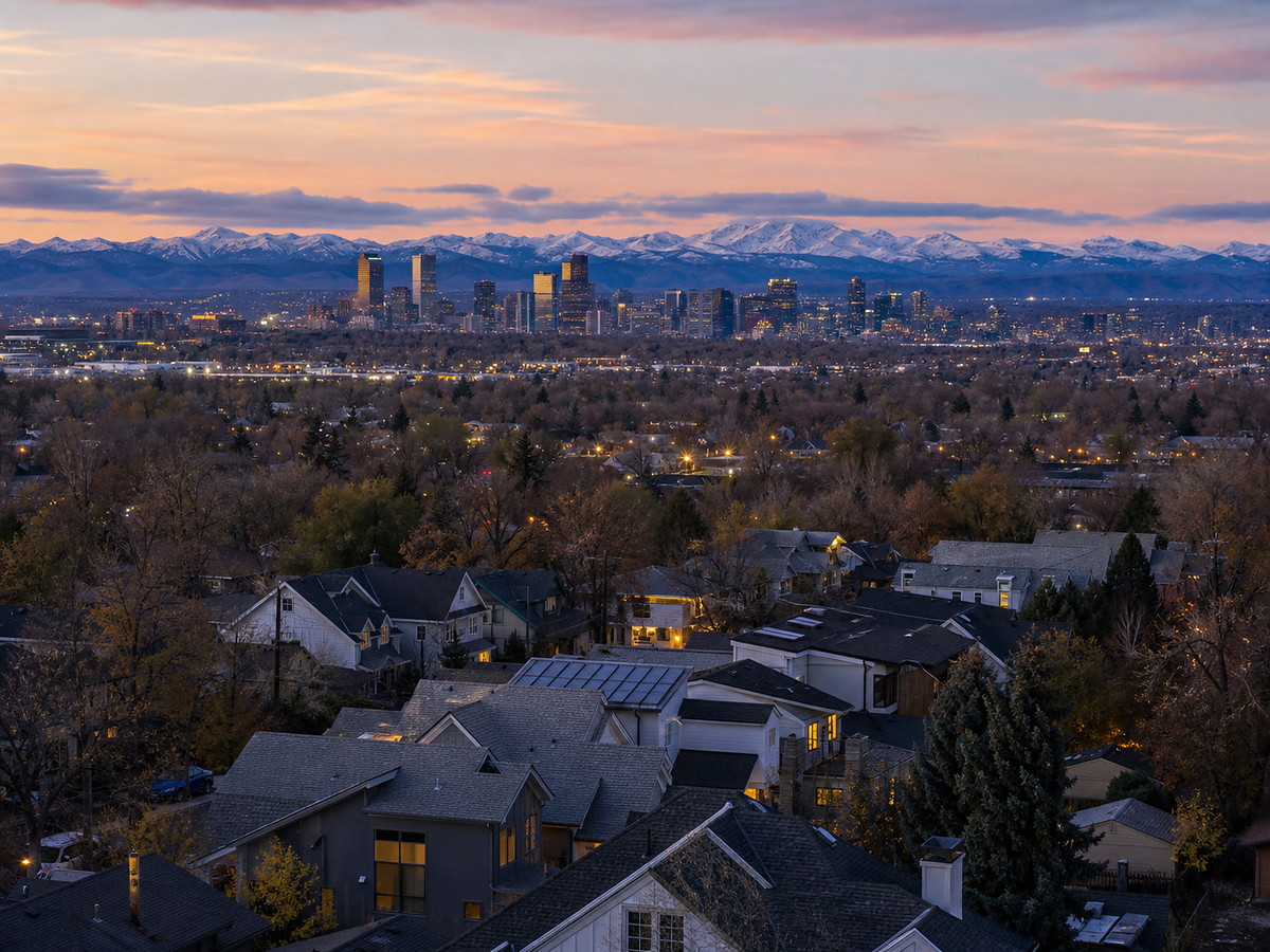 Aerial view of Denver metro rooftops with the Front Range behind