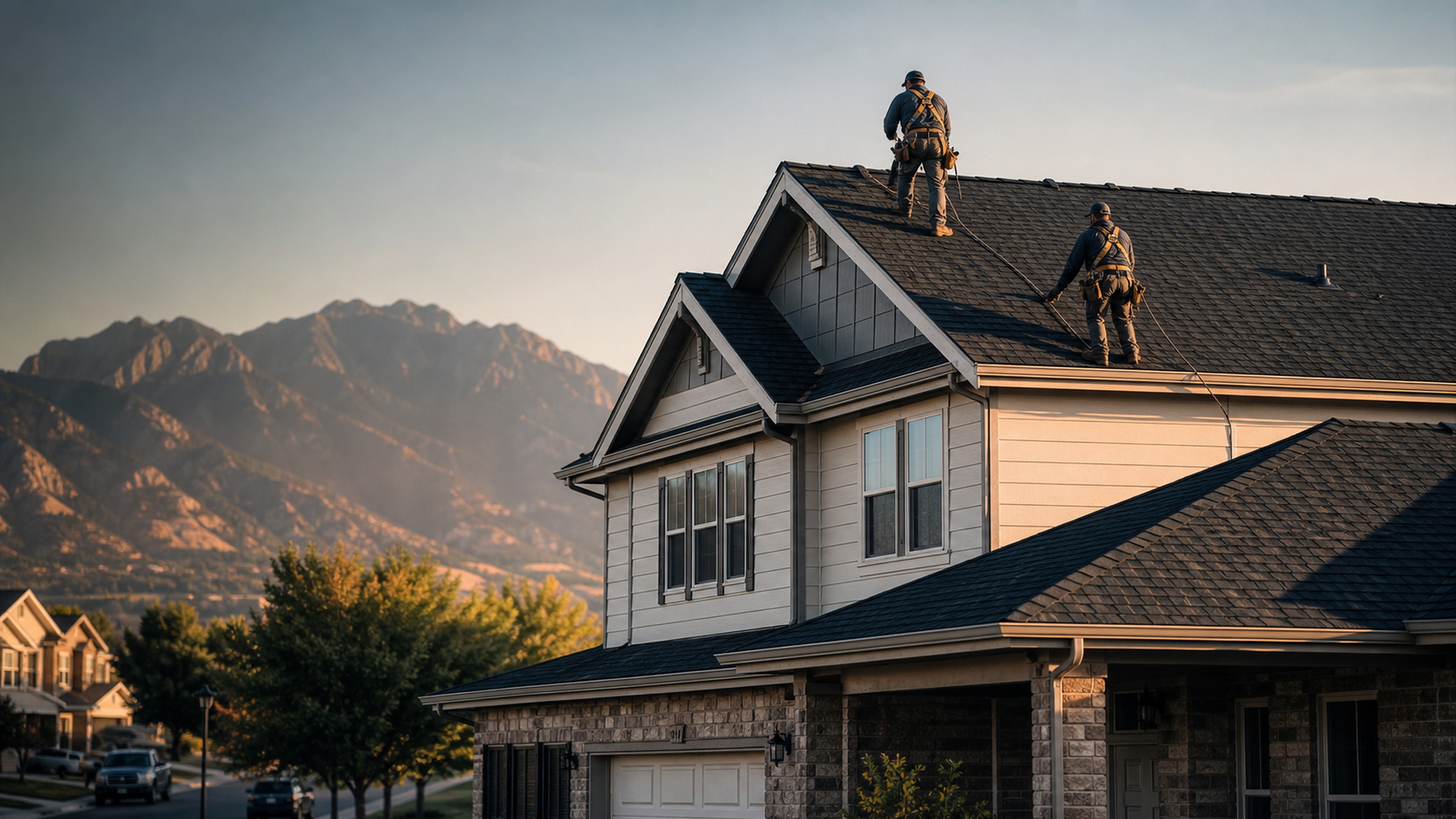 Ironcrest crew installing architectural shingles on a Denver home at golden hour
