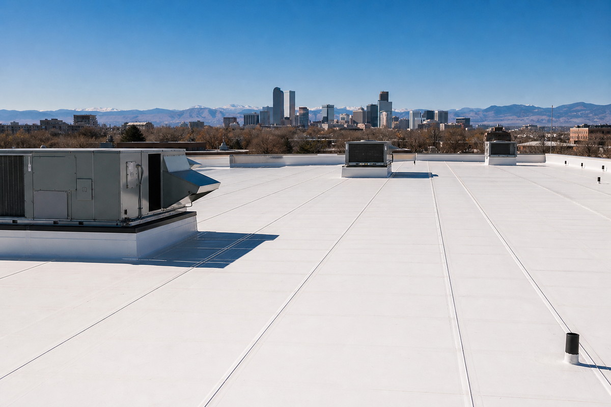 White TPO membrane roof on a commercial building