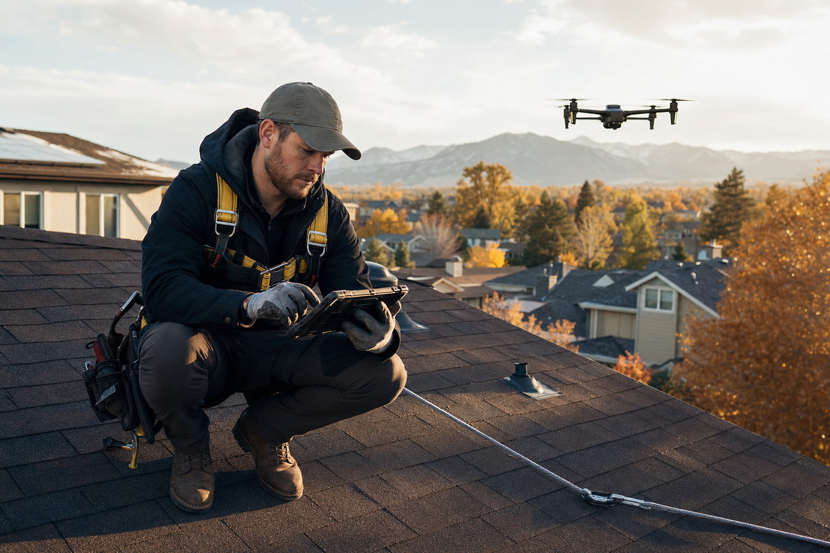 Technician performing a scheduled roof inspection with a tablet
