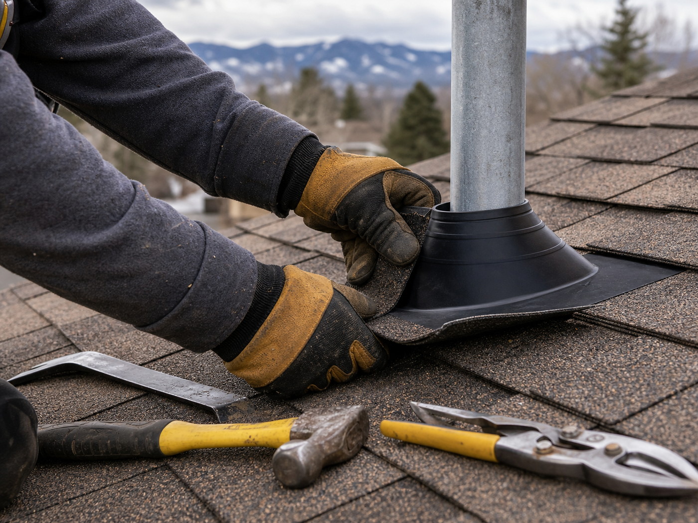 Roofer replacing a cracked pipe boot on an asphalt shingle roof