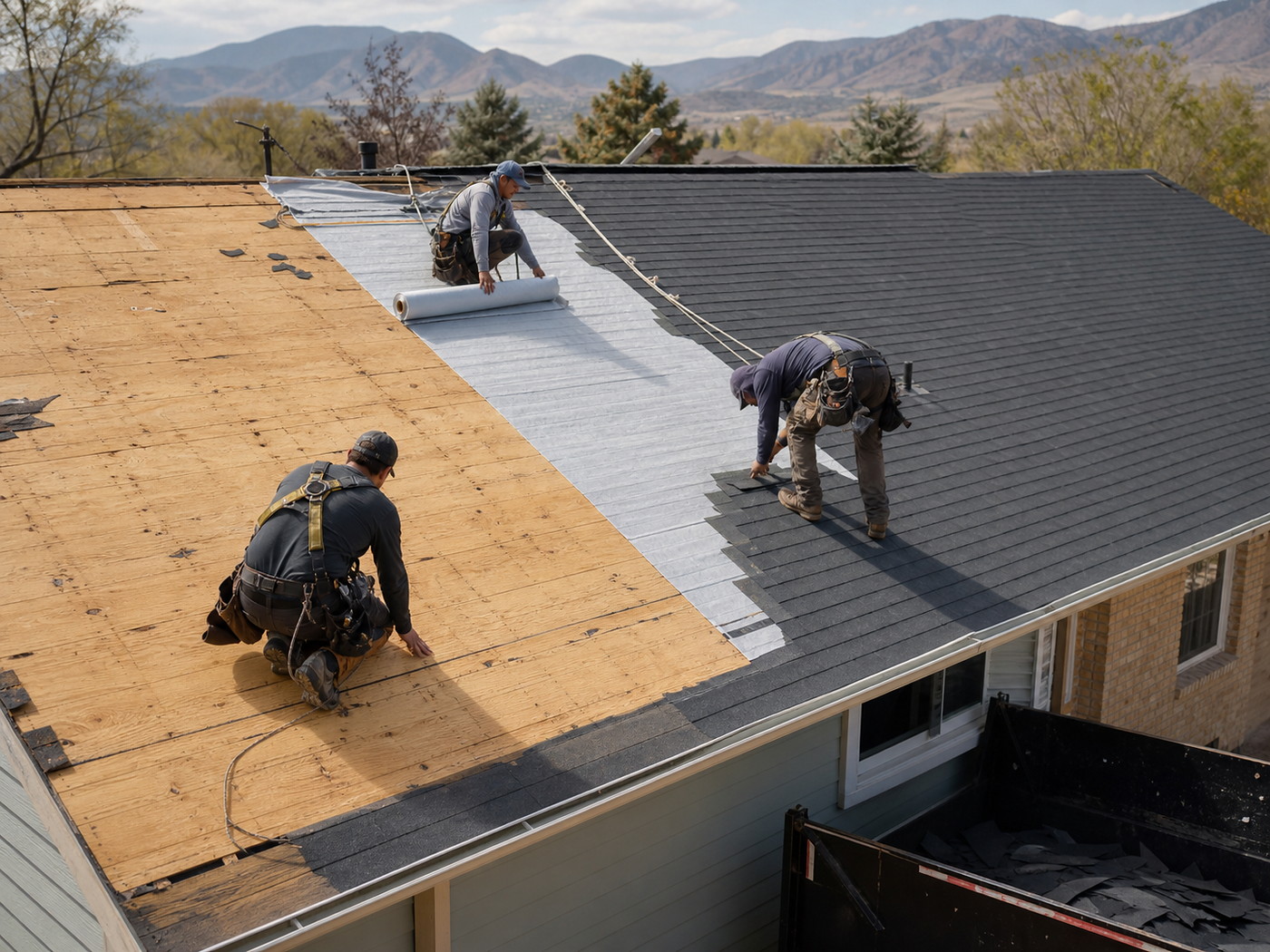 Tear-off in progress showing exposed roof decking and new shingles