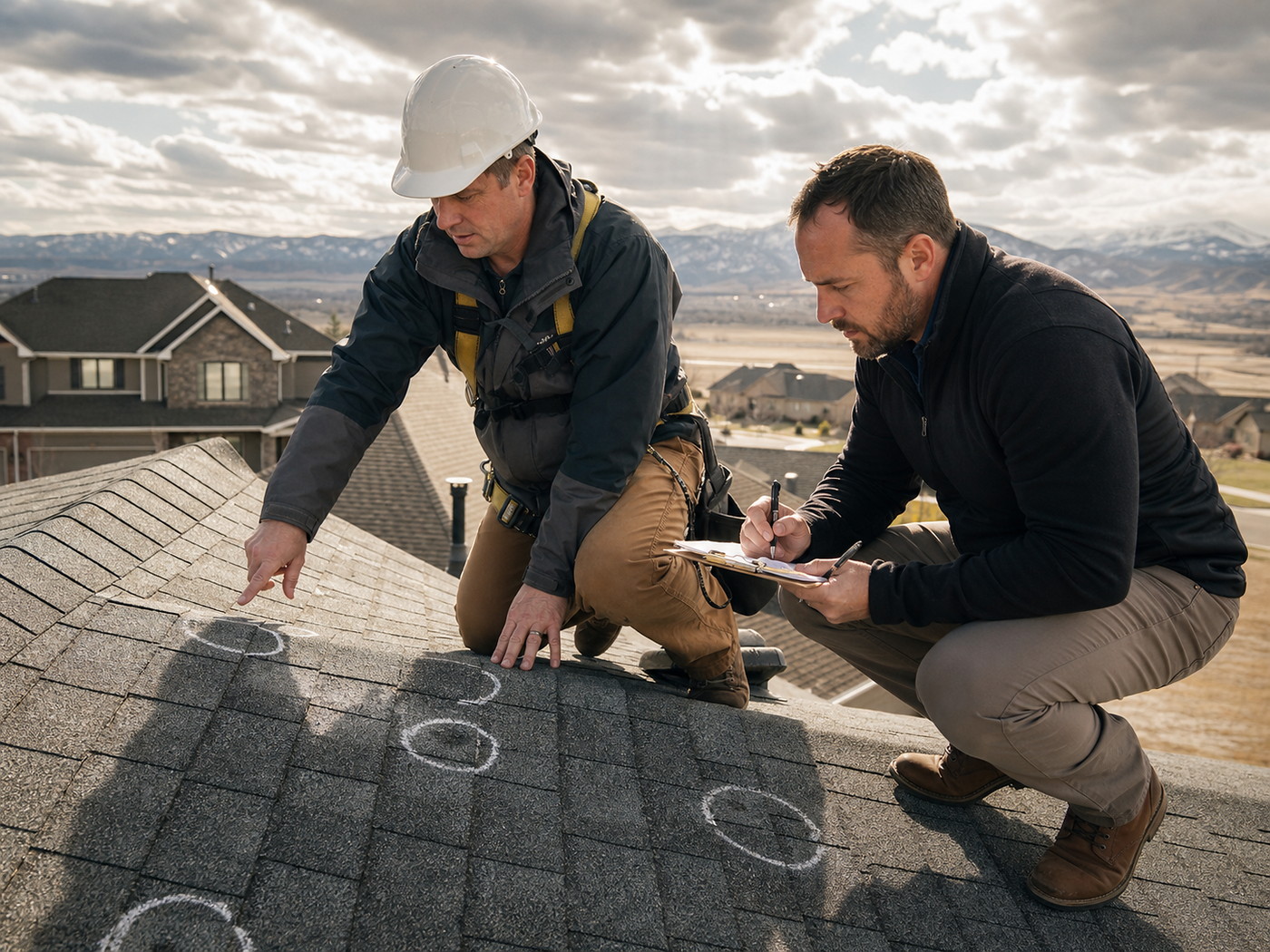 Insurance adjuster and roofer inspecting hail damage together