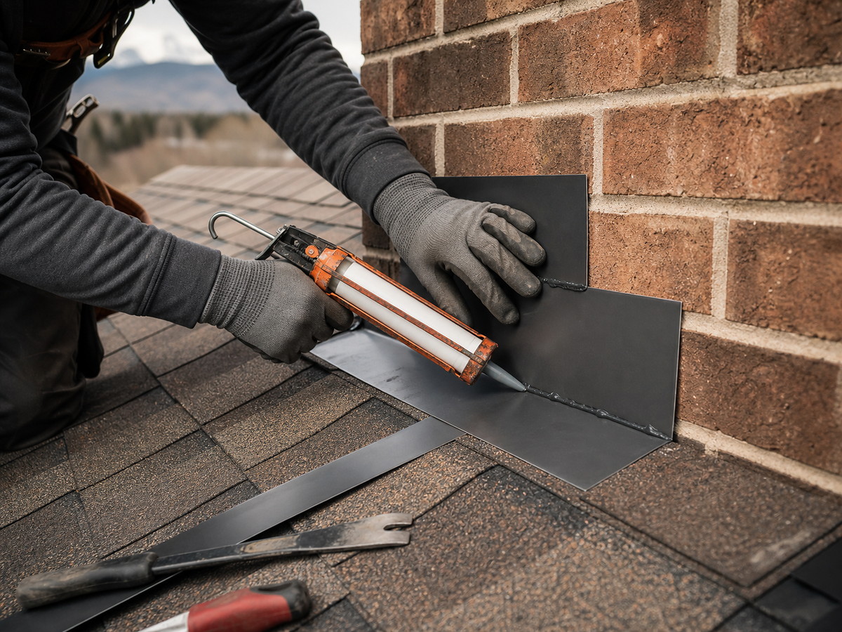 Roofer repairing flashing around a chimney