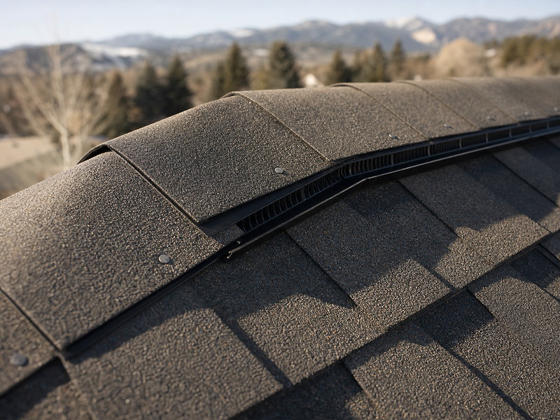Close-up of new ridge vent and cap shingles