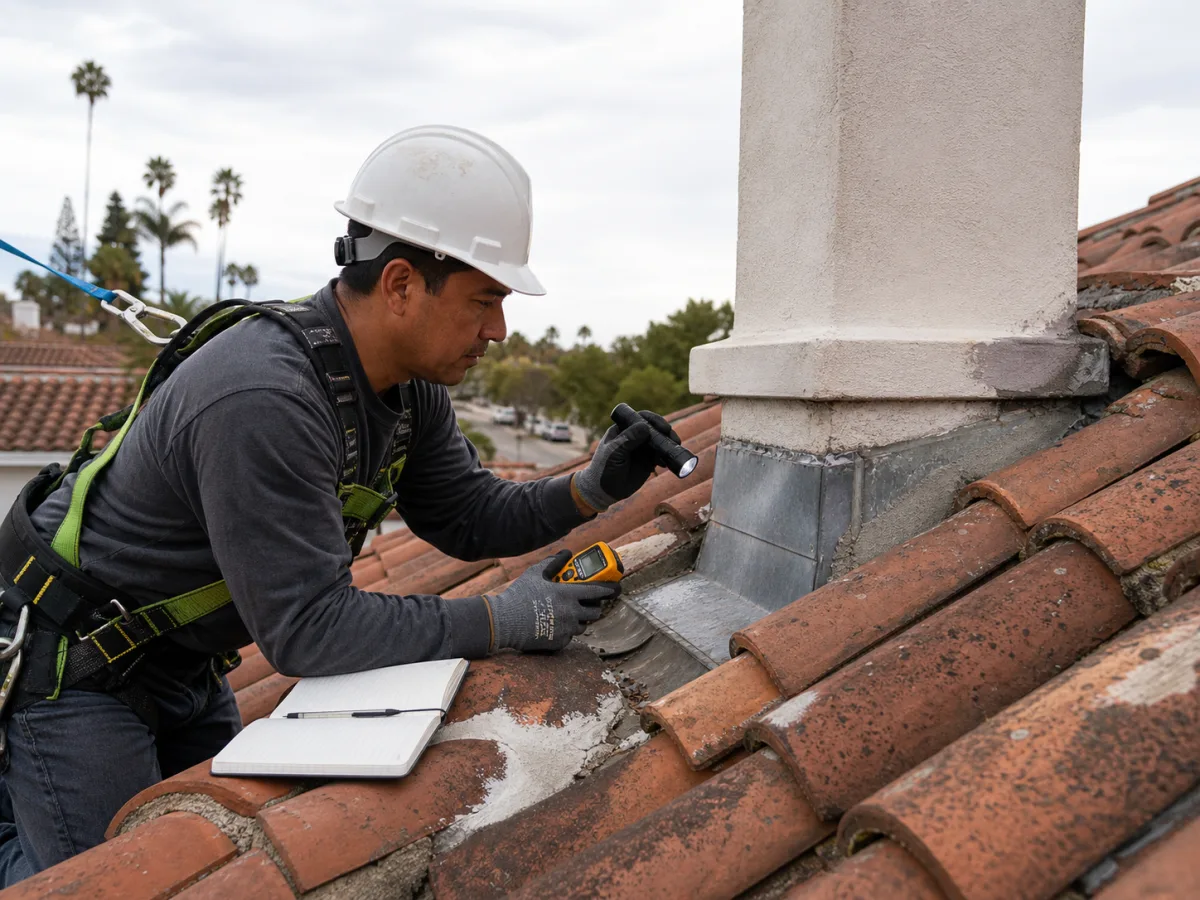 Roofing specialist inspecting flashing on a clay tile roof