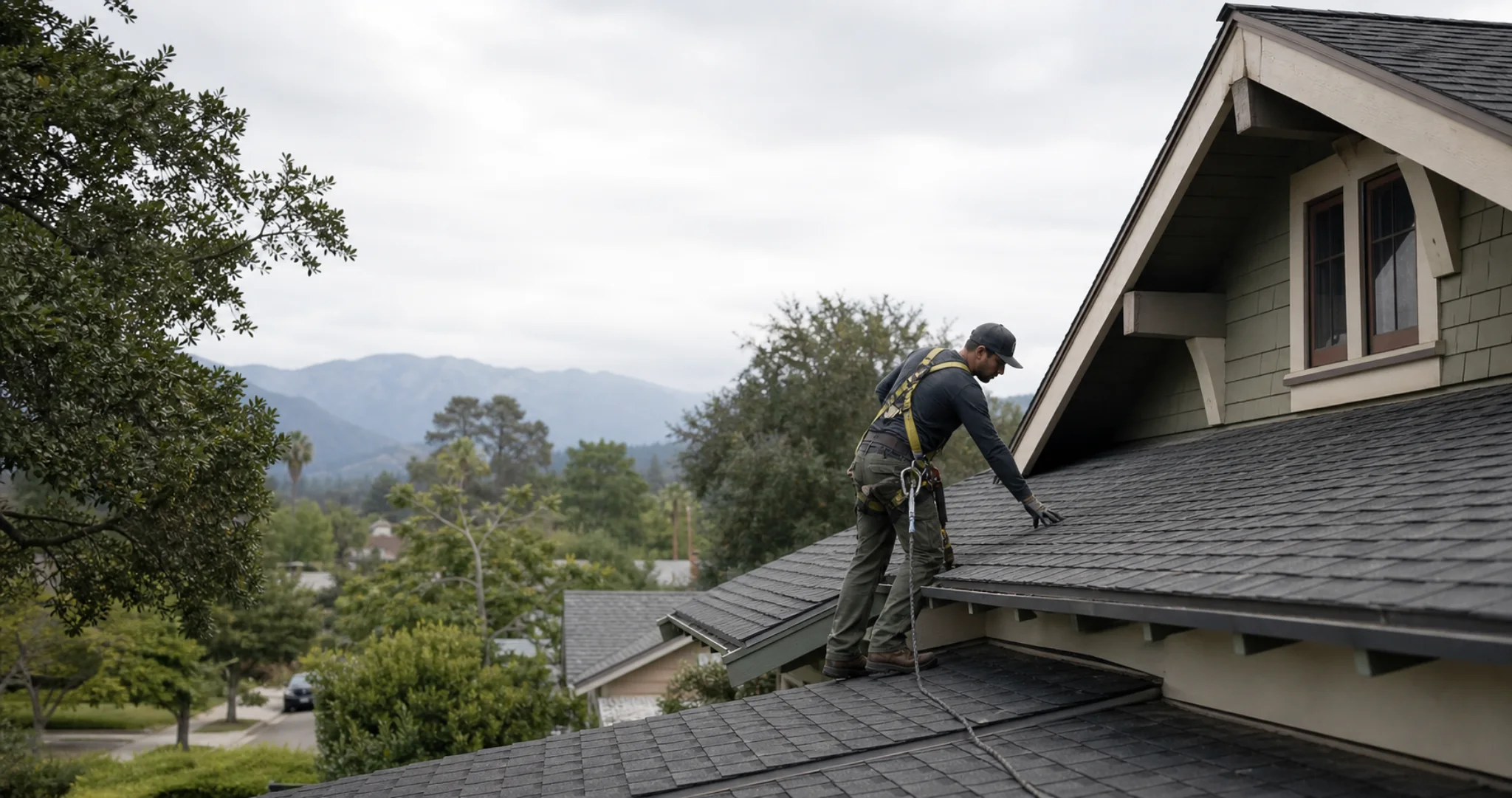 Roofing specialist inspecting a Pasadena Craftsman home