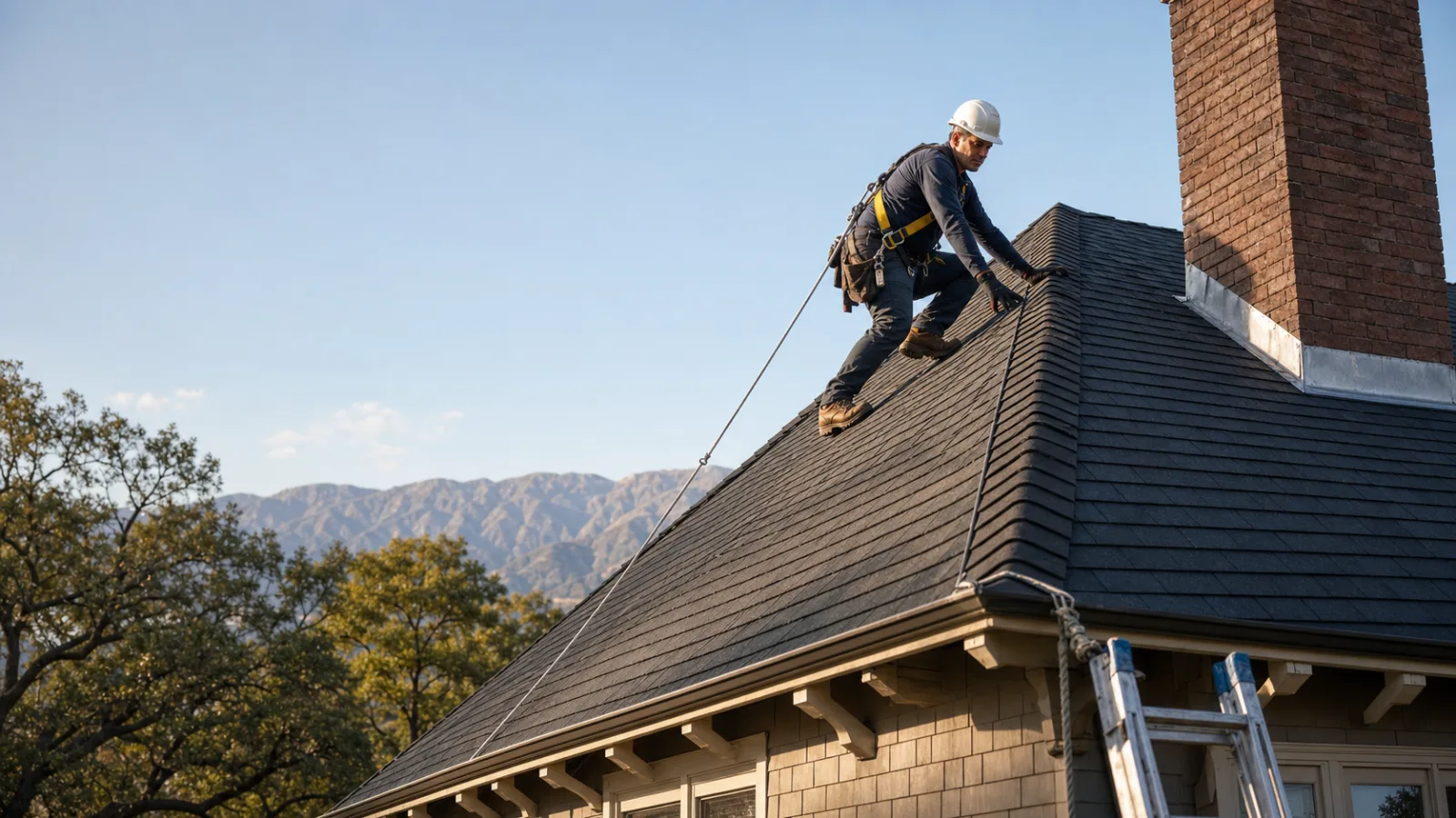Roofer checking a steep shingle roof in Pasadena