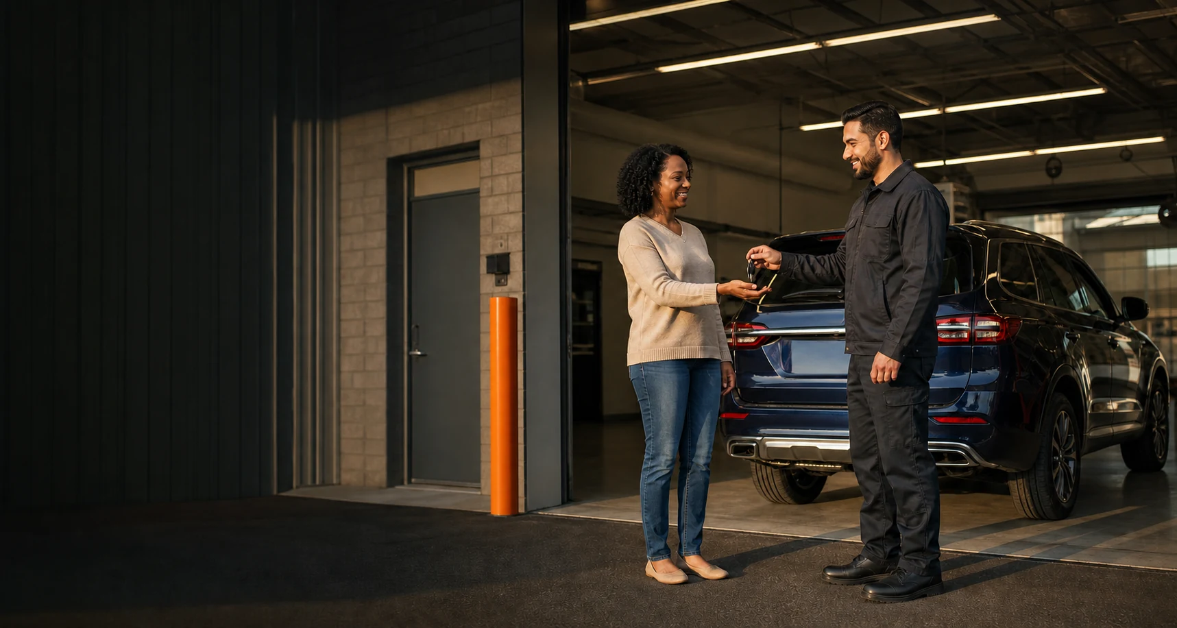 Collision repair advisor returning keys to a customer beside a restored vehicle