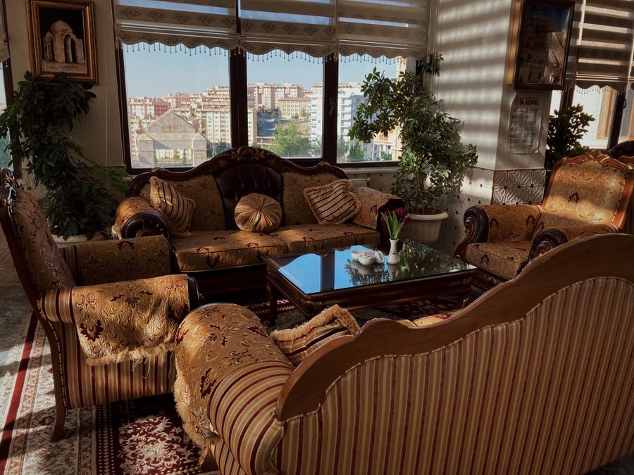A living room with sofas and a large rug