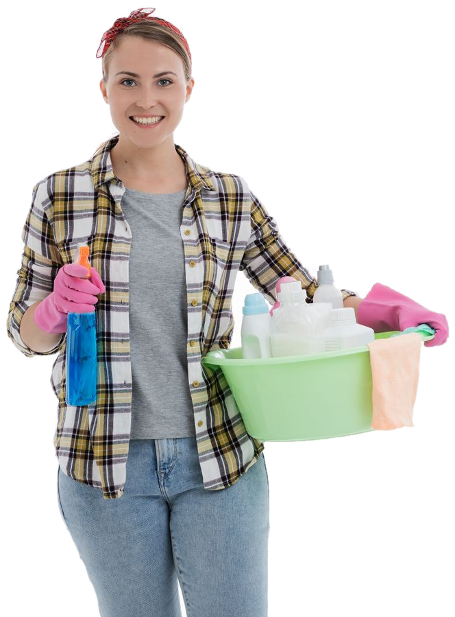 Smiling cleaner holding a basin of cleaning supplies and a spray bottle