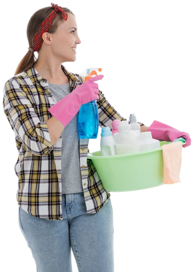 Cleaner holding a spray bottle and a basin of supplies