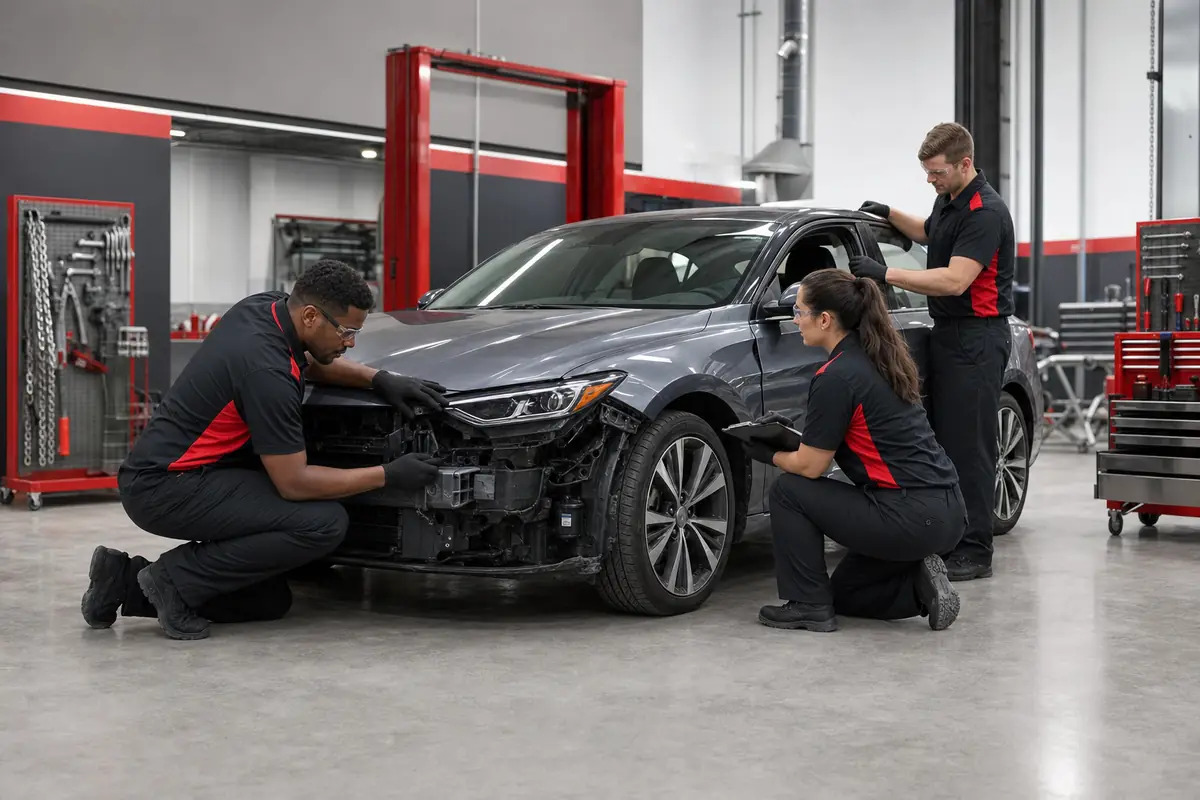 VantaForge technicians working in a clean collision repair shop