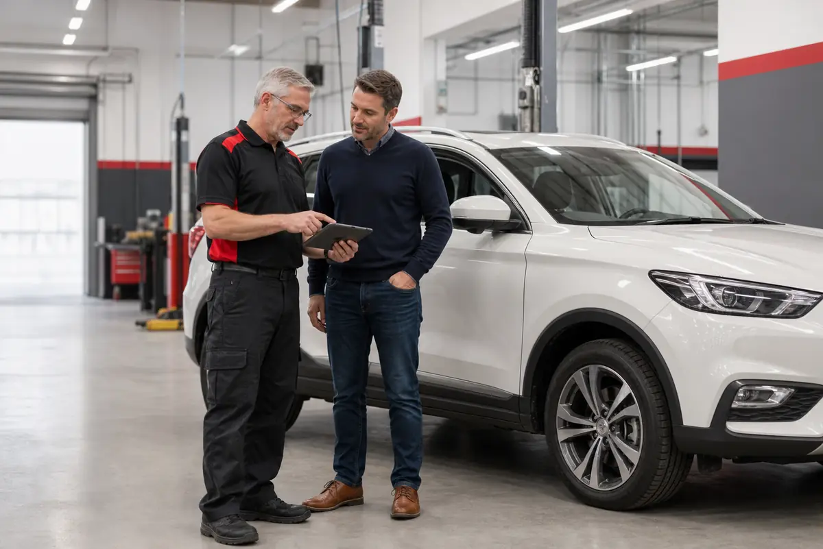 Technician inspecting a repaired sedan with precision lighting