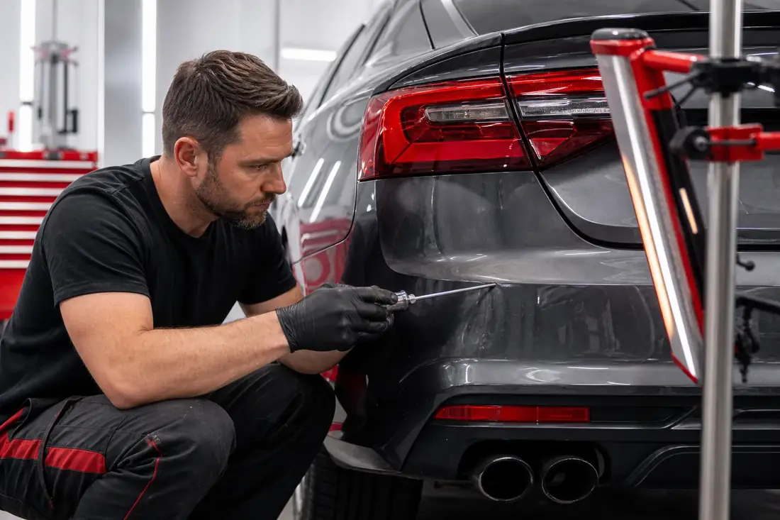 Technician performing cosmetic bumper repair