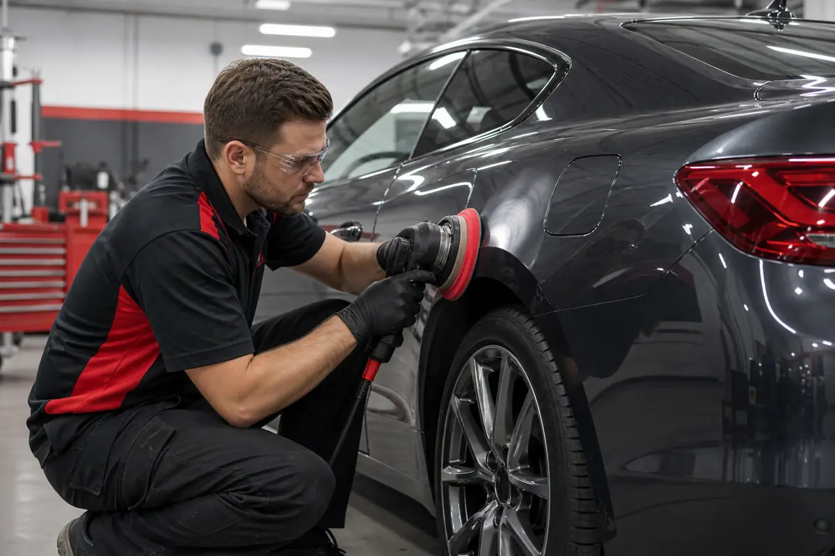 Technician polishing a repaired vehicle panel