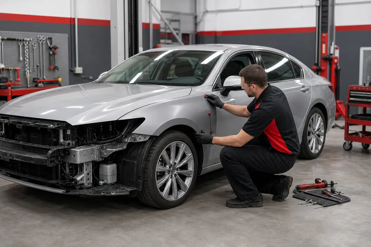 Collision technician aligning a replacement body panel