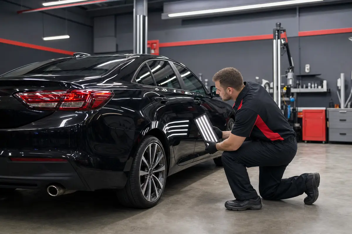 Completed sedan under final inspection lights
