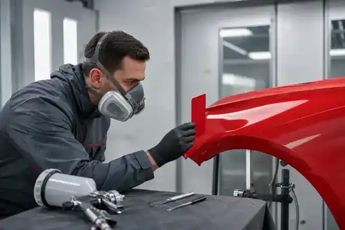 Technician matching red automotive paint