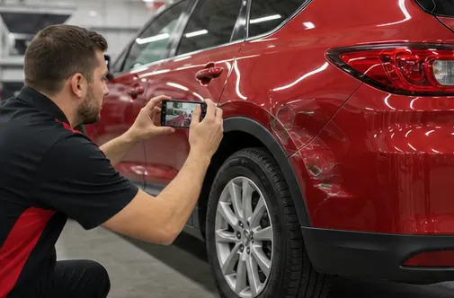 Technician photographing vehicle damage for an estimate