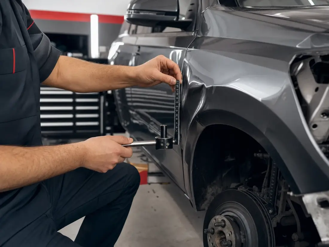 Technician measuring a damaged vehicle fender