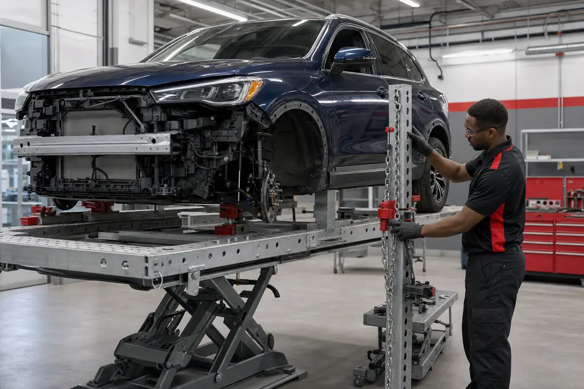 Technician repairing structural collision damage