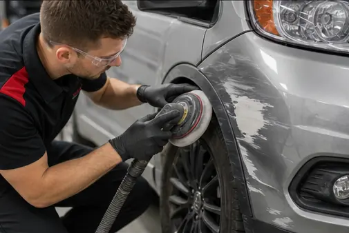Technician completing a cosmetic bumper repair